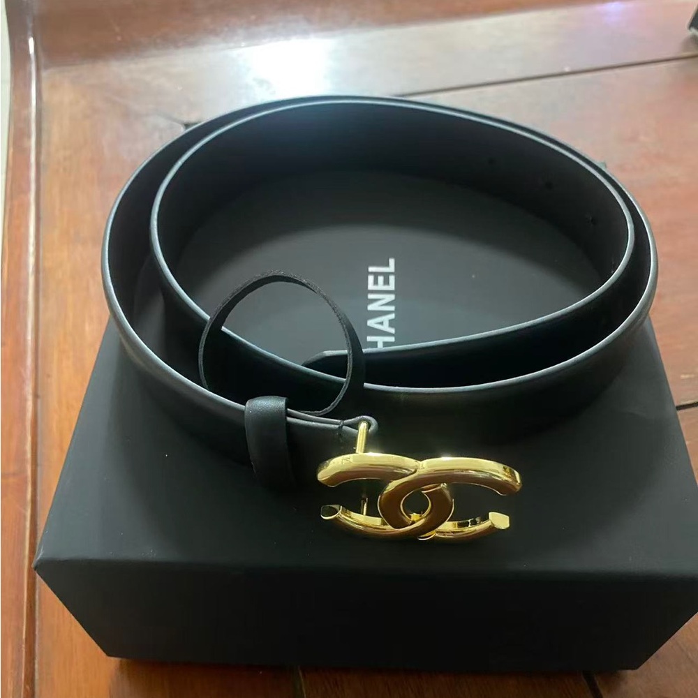 Chanel CC Logo Black Leather Belt 85cm